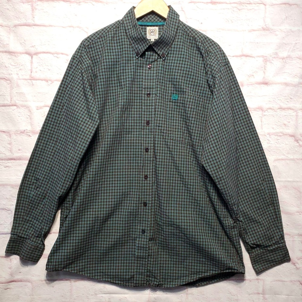 Cinch Shirt Mens Large Brown Teal Plaid‎ Button Down Western Cotton Cowboy Rodeo